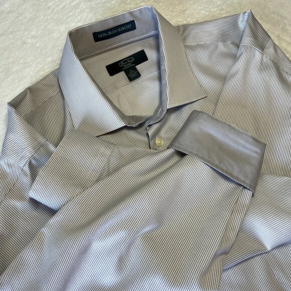 Pronto Uomo Dress Shirt Men's 18 32/33 Gray Striped Long Sleeve No Iron Slim Ft - Picture 1 of 10